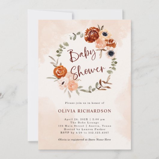 Sinaasappel Boho | Waterverf Blush Baby shower Kaart (Voorkant)
