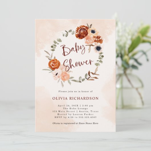 Sinaasappel Boho | Waterverf Blush Baby shower Kaart (Staand voorkant)