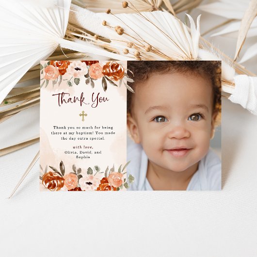 Sinaasappel Boho | Waterverf Blush Baptisme foto Bedankkaart