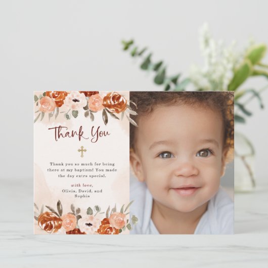 Sinaasappel Boho | Waterverf Blush Baptisme foto Bedankkaart (Staand voorkant)