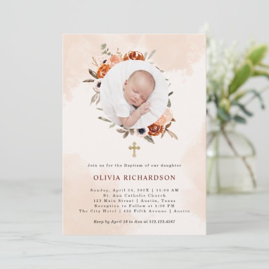 Sinaasappel Boho | Waterverf Blush Baptisme foto Kaart (Staand voorkant)