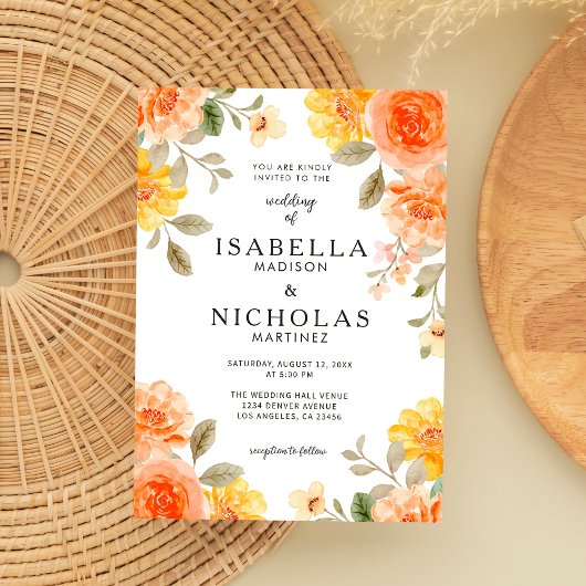 Sinaasappel Bold Bright Kleur Floral Bruiloft Kaart