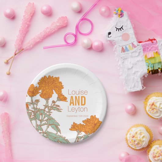 Sinaasappel borden voor weduwschap met chrysanthem papieren bordje (Feest)