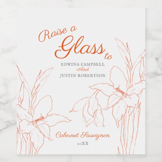 Sinaasappel botanische lijnkunst gladioli bruiloft wijn etiket (Enkel label)