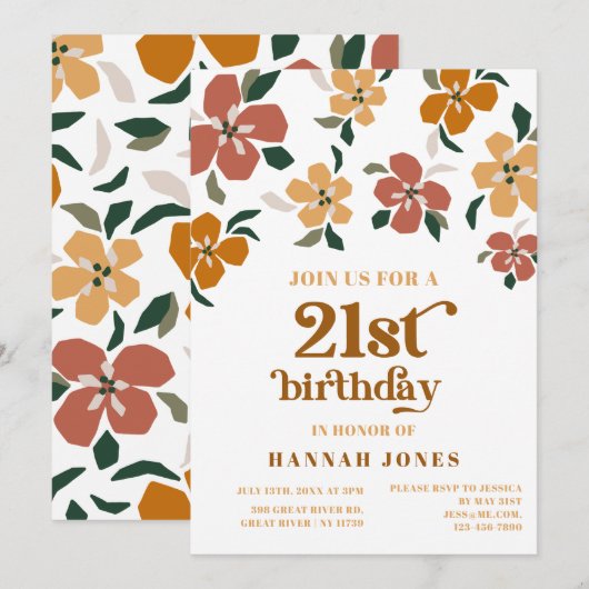 Sinaasappel & bruin retro 70s Floral 21st Verjaard Kaart (Voorkant / Achterkant)