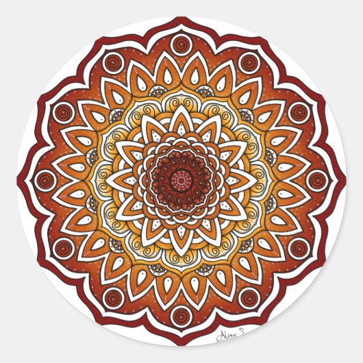 Sinaasappel & Bruine Spiraal en Bloemen Mandala Ronde Sticker (Voorkant)