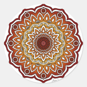 Sinaasappel & Bruine Spiraal en Bloemen Mandala Ronde Sticker