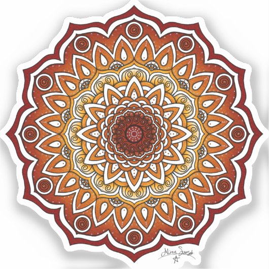 Sinaasappel & Bruine Spiraal en Bloemen Mandala Sticker (Voorkant)