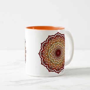 Sinaasappel & Bruine Spiraal en Bloemen Mandala Tweekleurige Koffiemok