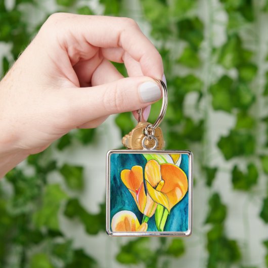 Sinaasappel Calla lelie bloem waterverf kunst Sleutelhanger (Hand)