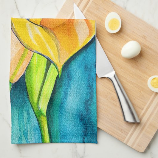 Sinaasappel Calla lelie bloem waterverf kunst Theedoek (Quarter Fold)