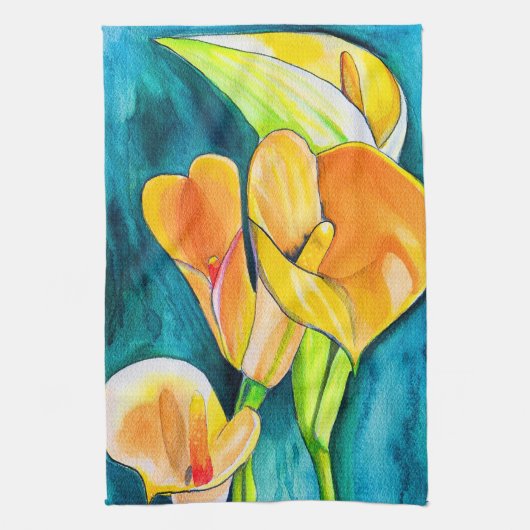 Sinaasappel Calla lelie bloem waterverf kunst Theedoek (Verticaal)