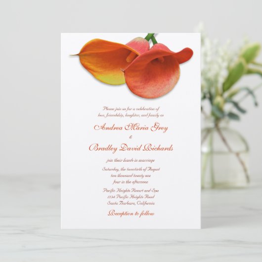 Sinaasappel Calla Lily Wedding Uitnodiging (Staand voorkant)