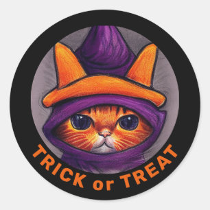 Sinaasappel Cat Paars Witch Pet Trick Treat Hallow Ronde Sticker
