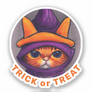 Sinaasappel Cat Paars Witch Pet Trick Treat Hallow Sticker
