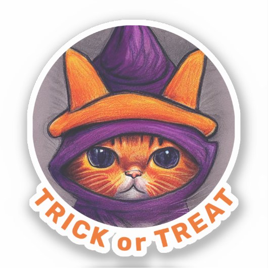Sinaasappel Cat Paars Witch Pet Trick Treat Hallow Sticker (Voorkant)