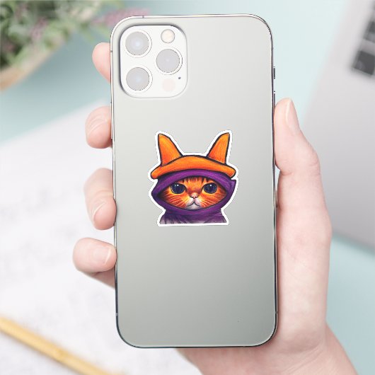 Sinaasappel Cat Paarse Witch Pet Halloween Sticker (Telefoon)