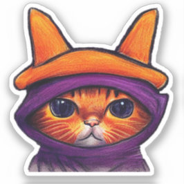 Sinaasappel Cat Paarse Witch Pet Halloween Sticker