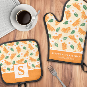 Sinaasappel Citrus Bloemig Moppig Zomer Monogram Ovenwant & Pannenlap Set