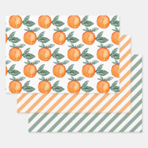 Sinaasappel citrus groene aquarel bladeren strepen inpakpapier vel