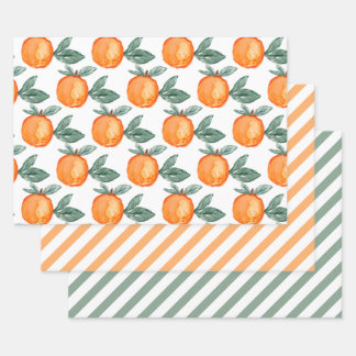 Sinaasappel citrus groene aquarel bladeren strepen inpakpapier vel