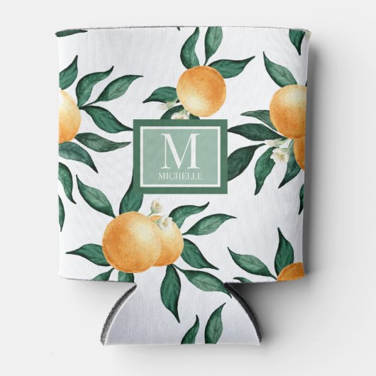 Sinaasappel citrus waterverf monogram naam blikjeskoeler (Voorkant)
