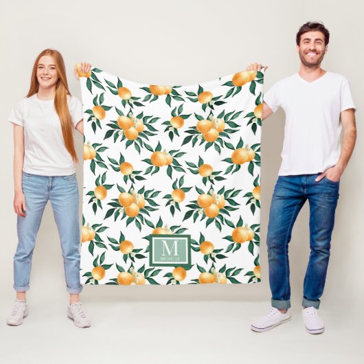 Sinaasappel citrus waterverf monogram naam fleece deken (In situ)