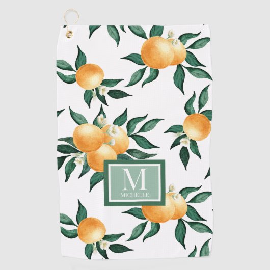 Sinaasappel citrus waterverf monogram naam golfhanddoek (Voorkant)