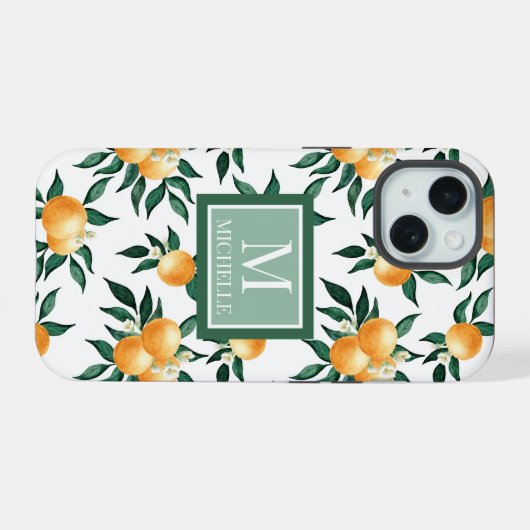 Sinaasappel citrus waterverf monogram naam iPhone 15 case (Achterkant horizontaal)