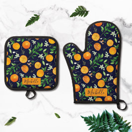 Sinaasappel citrus zomer bloem botanisch patroon ovenwant & pannenlap set