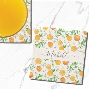 Sinaasappel citrus zomer bloem botanisch patroon stenen onderzetter