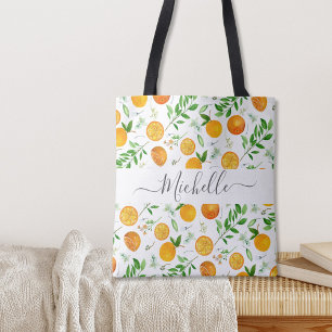 Sinaasappel citrus zomer bloem botanisch patroon tote bag