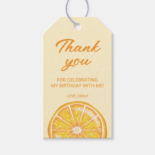 Sinaasappel citrusfruit aangepaste verjaardag beda cadeaulabel (Voorkant)