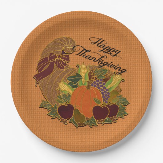 Sinaasappel Cornucopia Thanksgiving Papieren Borde Papieren Bordje (Voorkant)