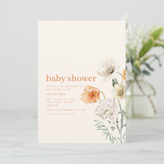 Sinaasappel & Crème Bloemen Baby shower Feestuitno Kaart (Staand voorkant)