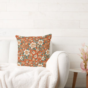 Sinaasappel, Crème en Blauwgroen Cottage Floral Kussen