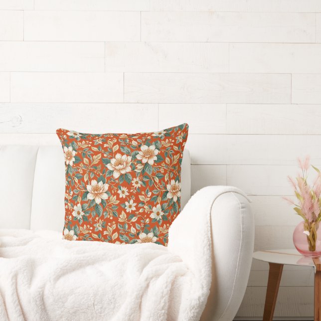 Sinaasappel, Crème en Blauwgroen Cottage Floral Kussen (Bank)