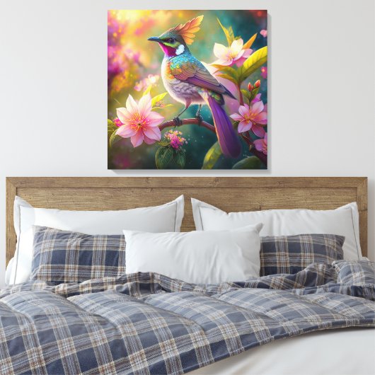 Sinaasappel Crested Rainbow Jay Fantasy Bird Canvas Afdruk (Insitu (Slaapkamer))