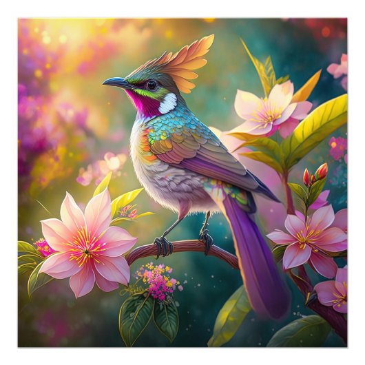 Sinaasappel Crested Rainbow Jay Fantasy Bird Foto Afdruk (Voorkant)