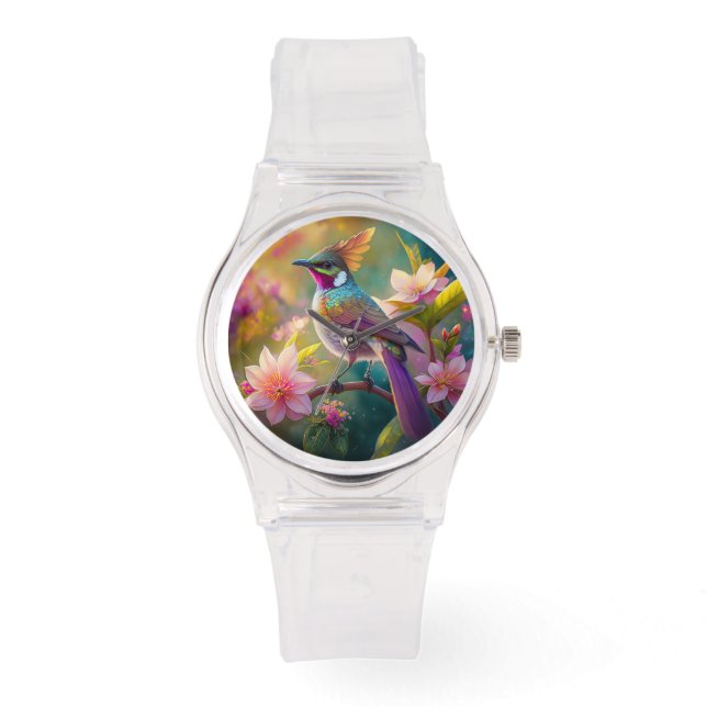 Sinaasappel Crested Rainbow Jay Fantasy Bird Horloge (Voorkant)