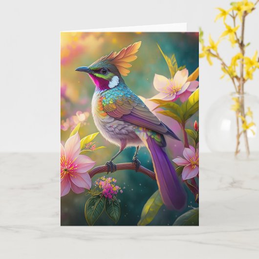 Sinaasappel Crested Rainbow Jay Fantasy Bird Kaart (Gele Bloem)