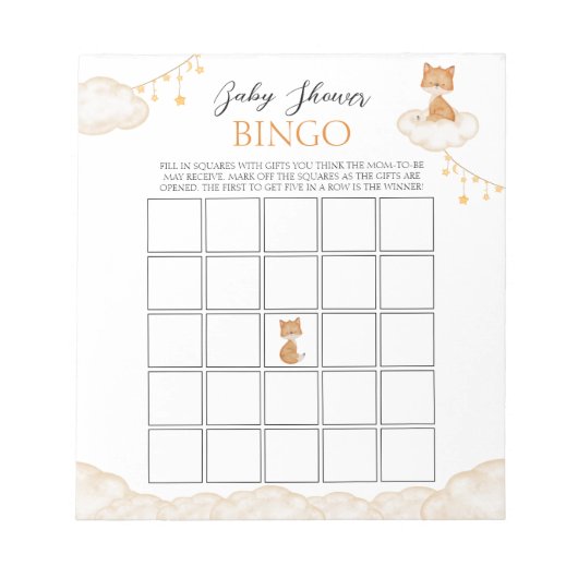 Sinaasappel Cute Fox Baby shower Bingo Notitieblok (Voorkant)