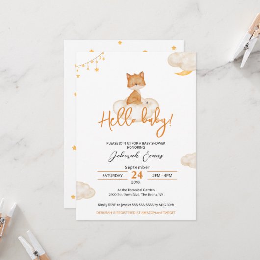 Sinaasappel Cute Fox Baby shower Kaart (Voorkant / Achterkant in situ)