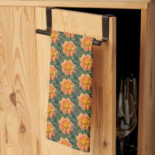 Sinaasappel Dahlia Floral Pattern Kitchen Towel Theedoek
