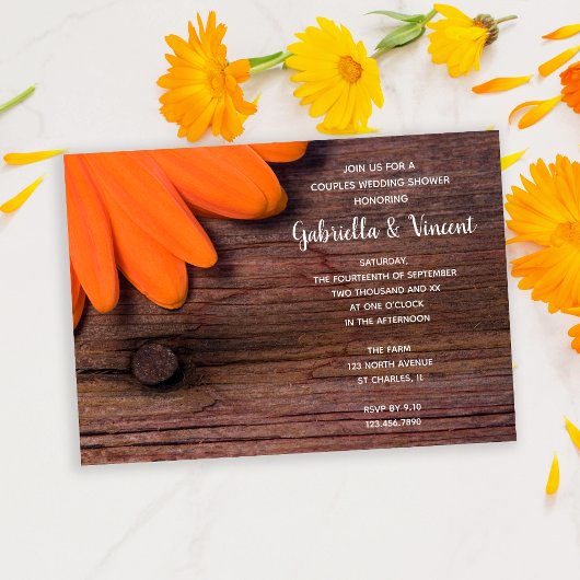 Sinaasappel Daisy en Barn Wood Couples Wedding Sho Kaart