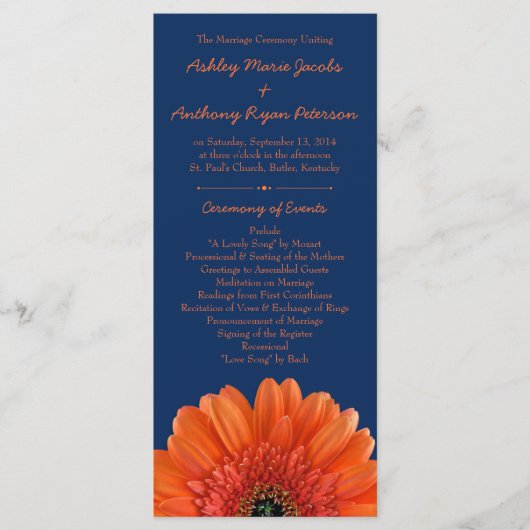 Sinaasappel Daisy Flower Navy Blue bruiloft progra Programmakaart (Voorkant)