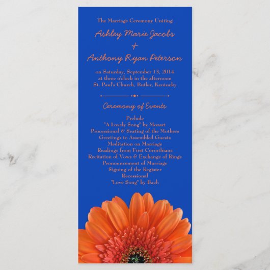Sinaasappel Daisy Flower Royal Blue bruiloft progr Programmakaart (Voorkant)