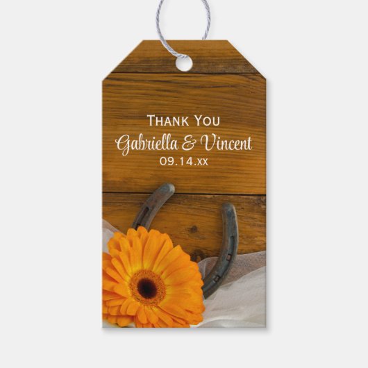 Sinaasappel Daisy Hoefijzer Westerne bruiloft voor Cadeaulabel (Voorkant)