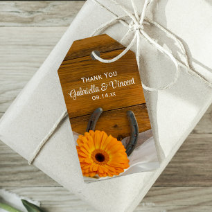 Sinaasappel Daisy Hoefijzer Westerne bruiloft voor Cadeaulabel