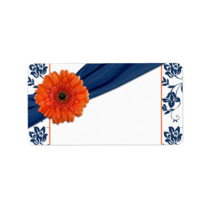 Sinaasappel Daisy Navy Damask Bruiloft Blank Adres Etiket